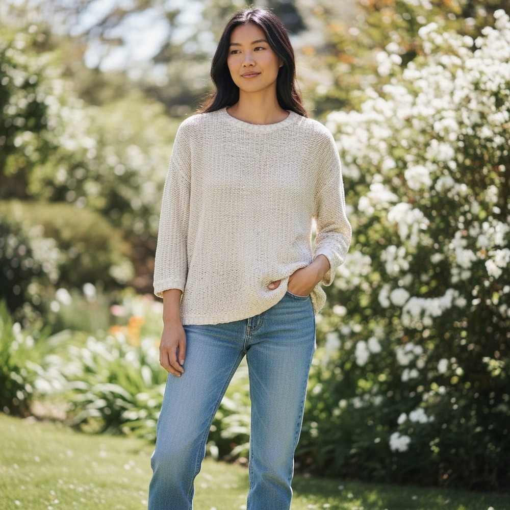 Eileen Fisher Cropped Boxy Knit Sweater Wom XS Cream Ivory Organic Cotton Linen